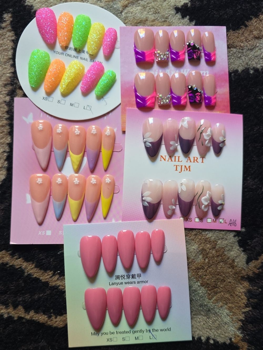 Assorted Press-On Nail Sets - Pink, Neon Green, Yellow, Purple Large